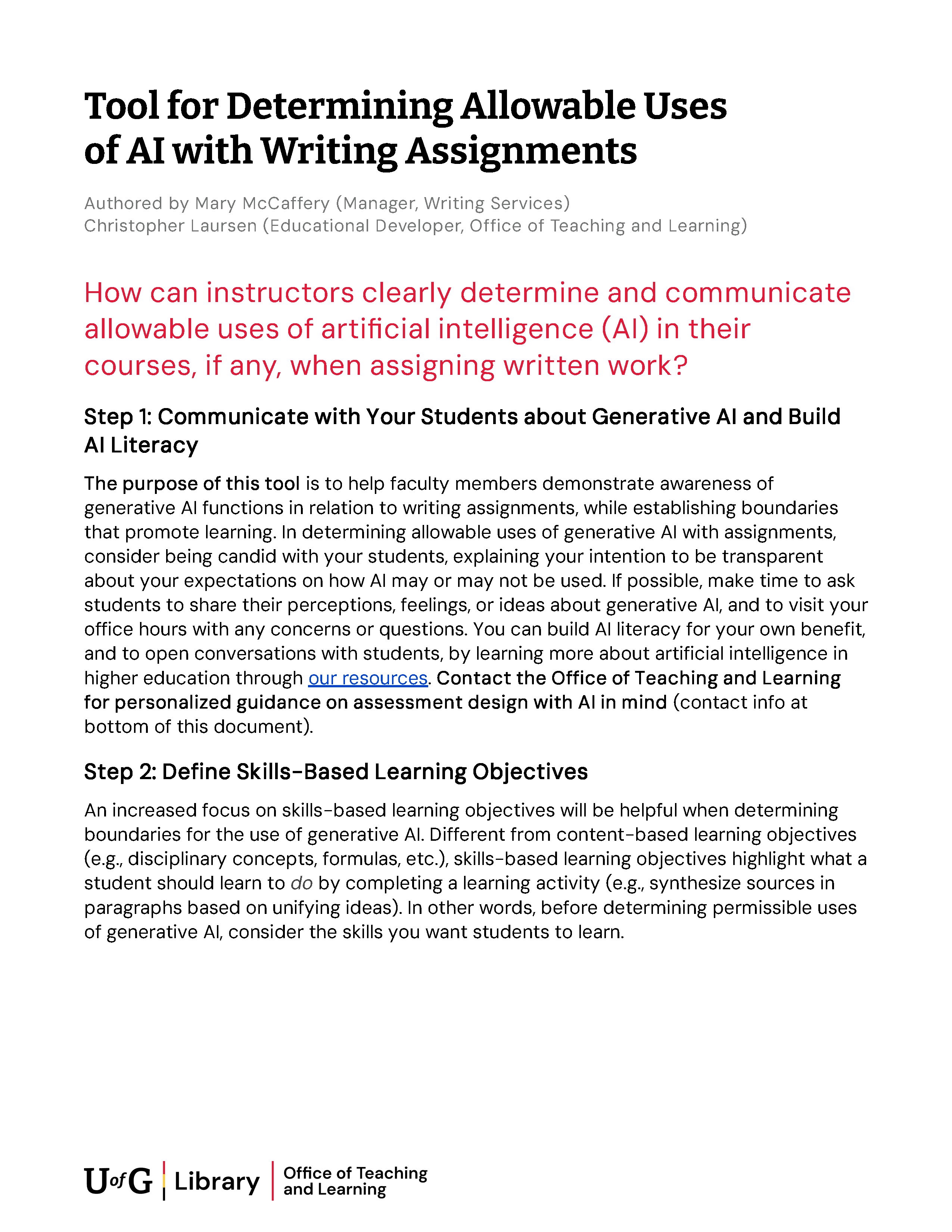 Tool for Determining Allowable Uses of AI with Writing Assignments. To access template download the available Word document.