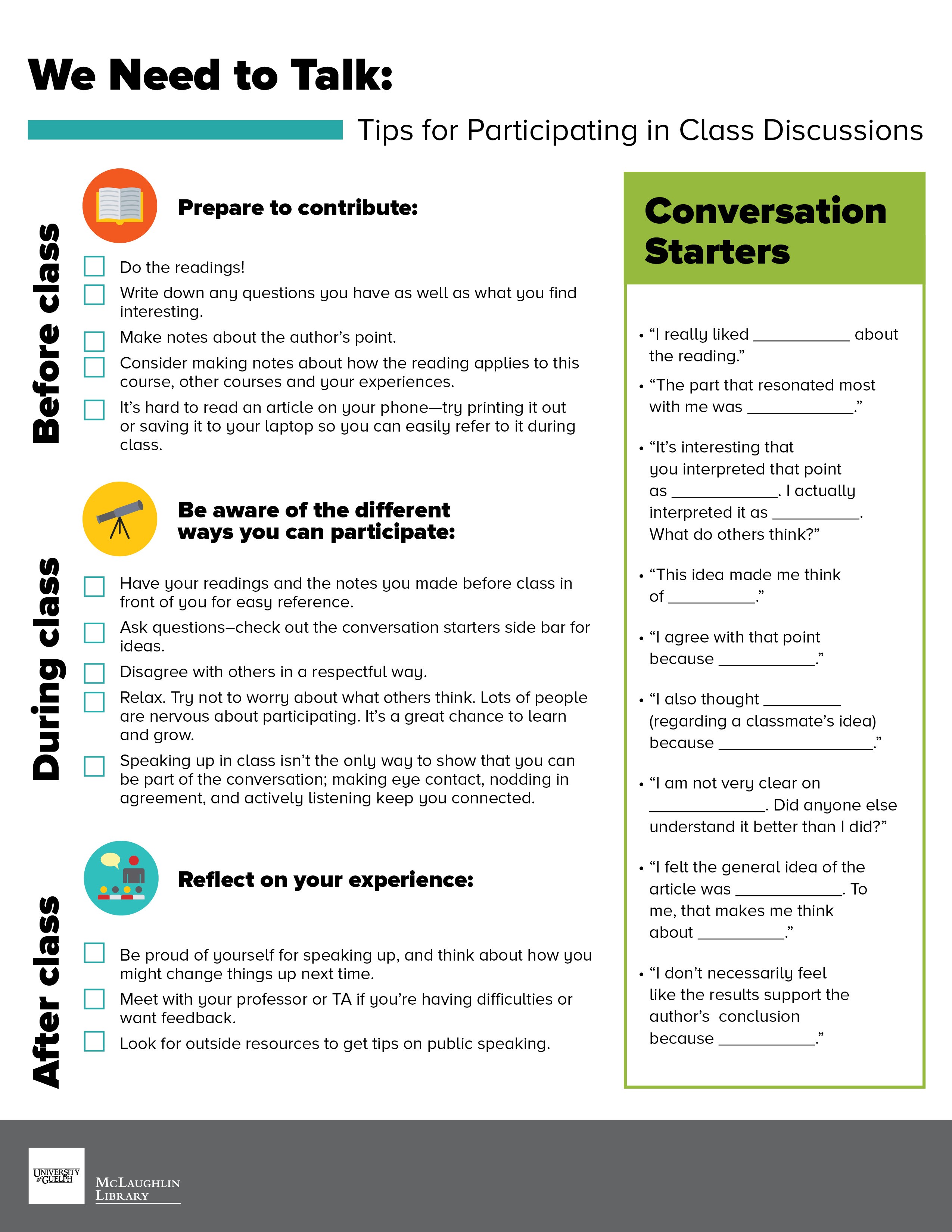 We Need to Talk: Tips for Participating in Class Discussions. Transcript available below. 