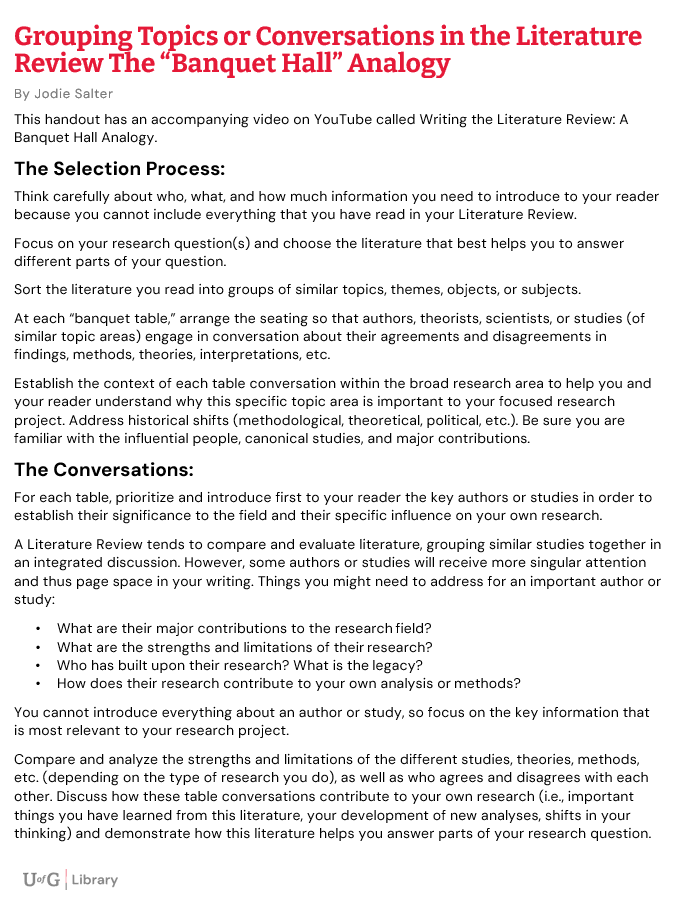 Grouping Topics or Conversations in the Literature Review Handout example. Full Word document download available.