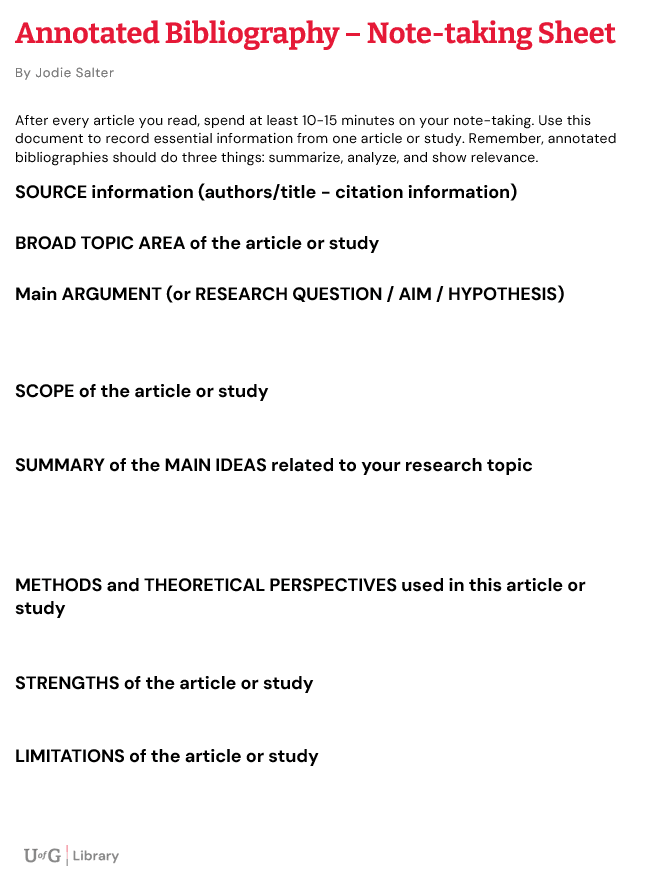 Annotated Bibliography – Note-taking Sheet Template example. Full Word document download available.