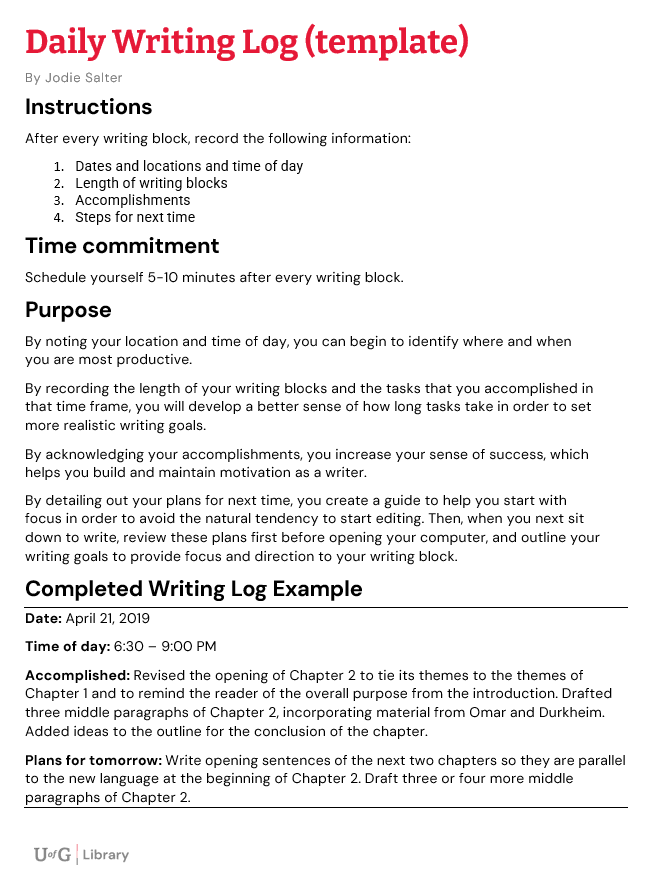 Daily Writing Log Template example. Full Word document download available.